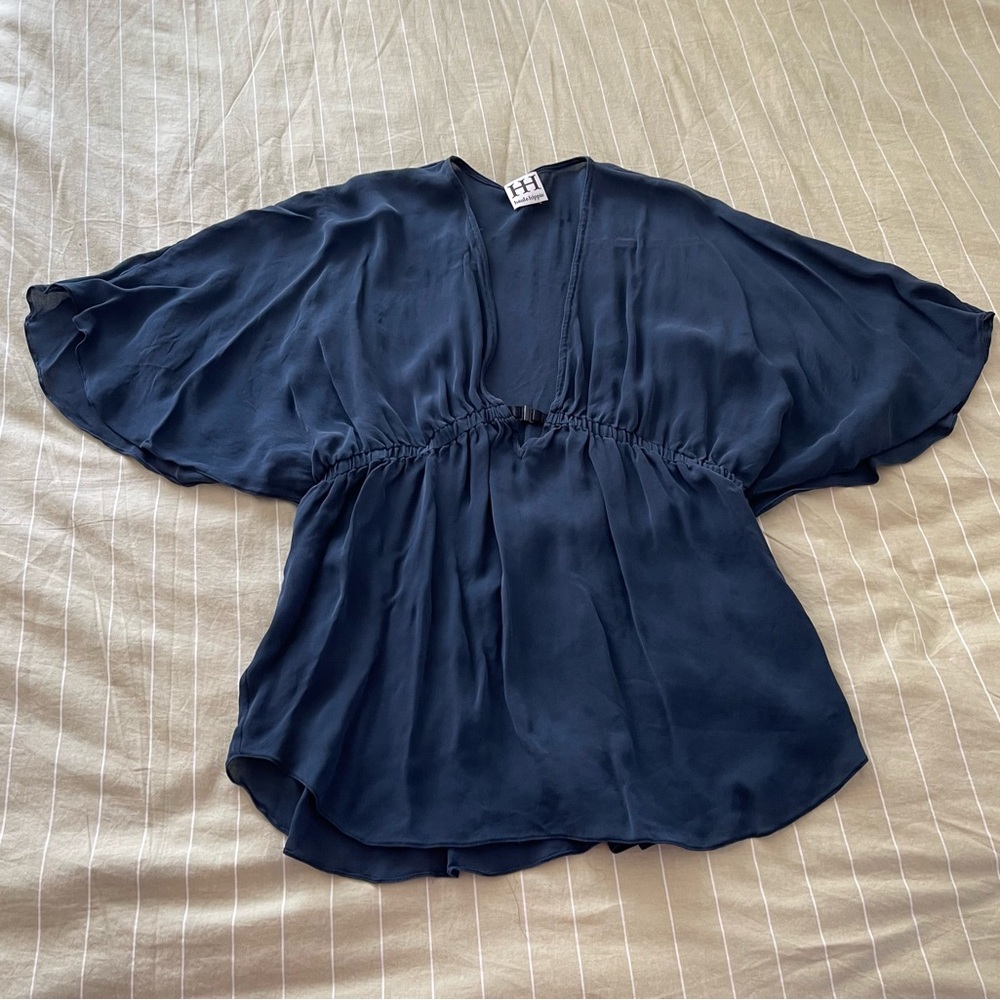 Haute Hippie Navy V-Neck Cinched Waist Blouse Size S